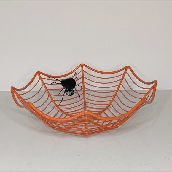 Orange Metal Spiderweb Halloween Candy Bowl Dish - Picture 3 of 12